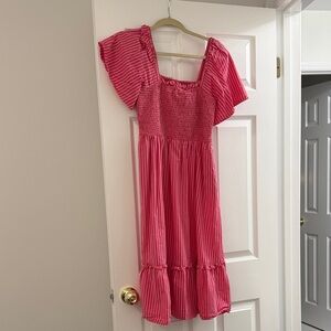 Draper James Pink Striped Midi Smocked Dress